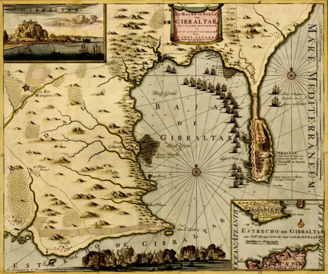 Un mapa (de Anna Beeck) muestra el Estrecho de Gibraltar y sus defensas en 1700.