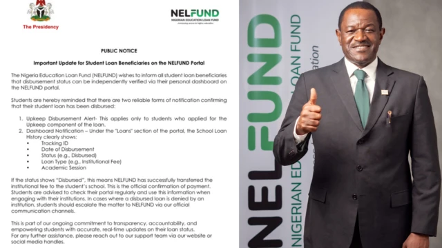Foto of Nelfund press statement and Akintunde Sawyerr, Nelfund Managing Director.