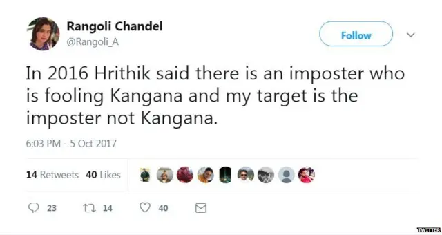 कंगना रनौत, ऋतिक रोशन, रंगोली चंदेल