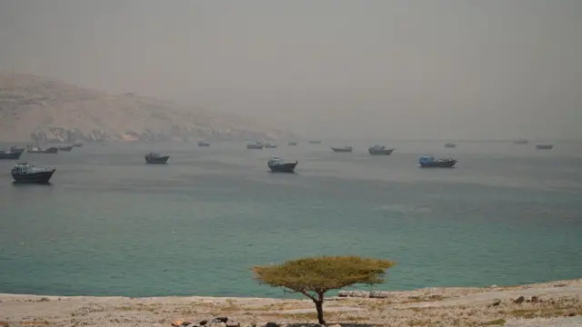 سفن قرب مضيق هرمز، كما شوهدت من مسندم في عُمان في 11 يونيو/حزيران 2026