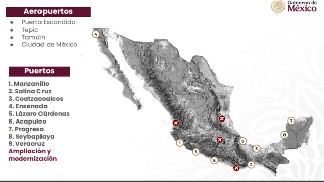 Un gráfico de puertos y aeropuertos de México en el Plan México