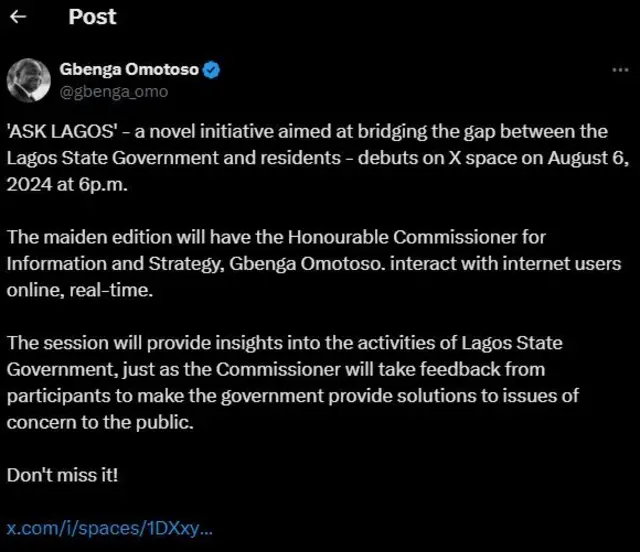 Atẹ ọrọ ti Gbenga Omotoso fi kede Ask Lagos loju opo X