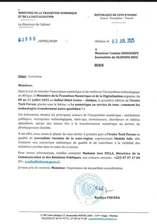 La lettre invitant le journaliste Hugues Sossoukpè pour la couverture du forum à Abidjan en Côte d'Ivoire