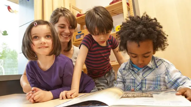 Crianças e professora lendo um livro na escola