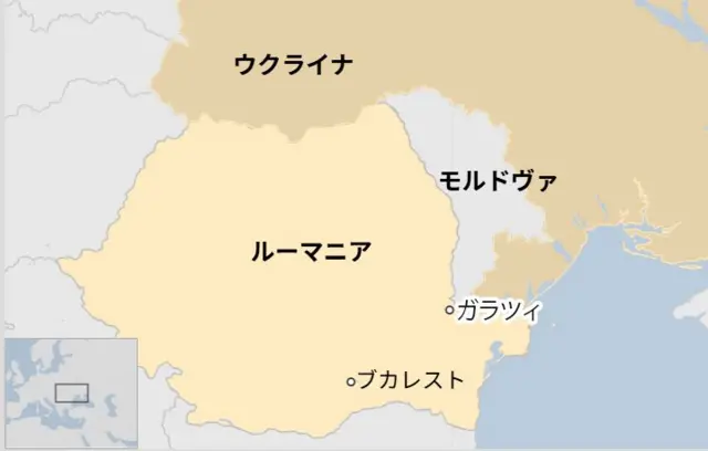 ルーマニアを中心に、北東部のウクライナとモルドヴァの位置を示している。国境沿いのガラツィと首都ブカレストの位置も示されている