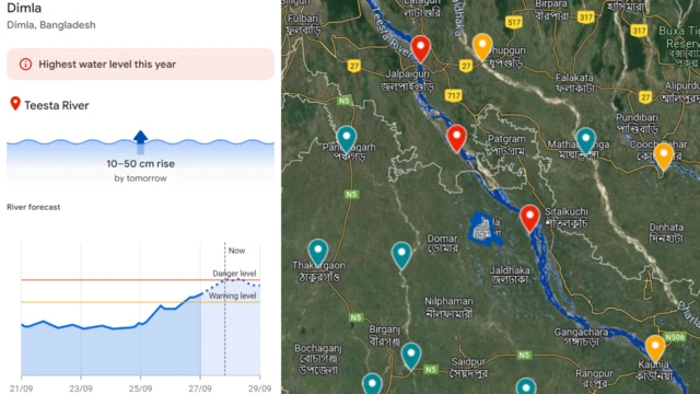 শনিবার বেলা ১১টা নাগাদ গুগল ম্যাপে তিস্তা নদী। ভারতের জলপাইগুড়ি হয়ে বাংলাদেশে প্রবেশ করেছে তিস্তা। এই নদীর বাংলাদেশ অংশের কাউনিয়া পয়েন্টে হলুদ সতর্কতা সংকেত।