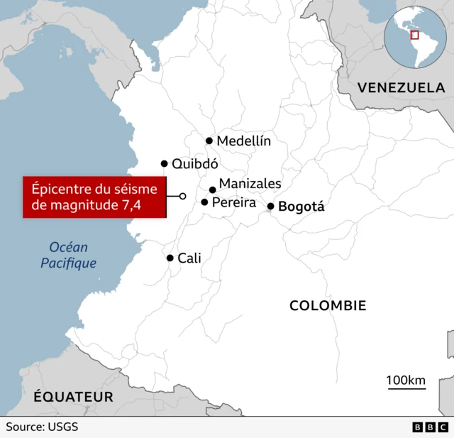 Carte montrant l'emplacement de l'épicentre du séisme, ainsi que l'emplacement des villes de Manizales, Pereira, Cali, Medellín, Bogotá et Armenia.