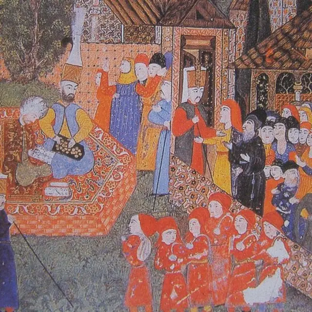 Гравюра, турецкий чиновник регистрирует христианских мальчиков