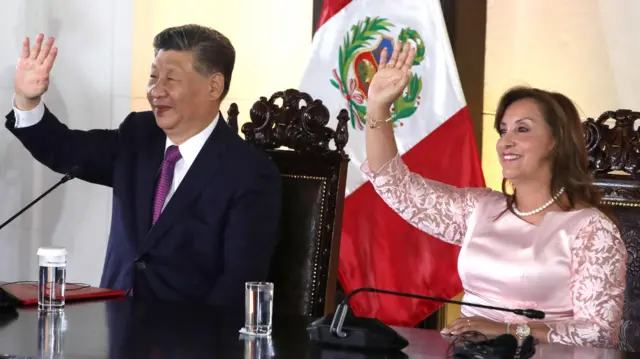 Peruvian President Dina Boluarte and Chinese President Xi Jinping attend an inauguration event for the Chancay mega-port at the Government Palace in Lima, Peru, 14 November 2024.