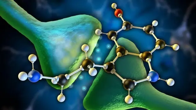 Grafički prikaz molekula serotonina ispred nervnih ćelija