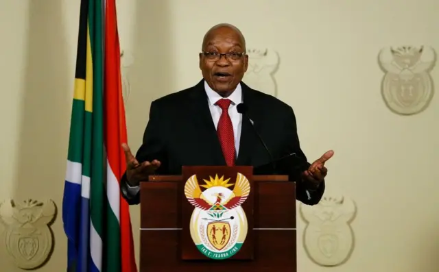 Le président sud-africain Jacob Zuma s'adresse à la nation depuis les Union Buildings à Pretoria, le 14 février 2018. - Zuma s'adresse à la nation après que le parti au pouvoir, l'African National Congress (ANC), lui ait demandé de démissionner immédiatement.