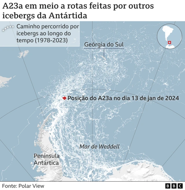 Arte mostra posição atual do A23a