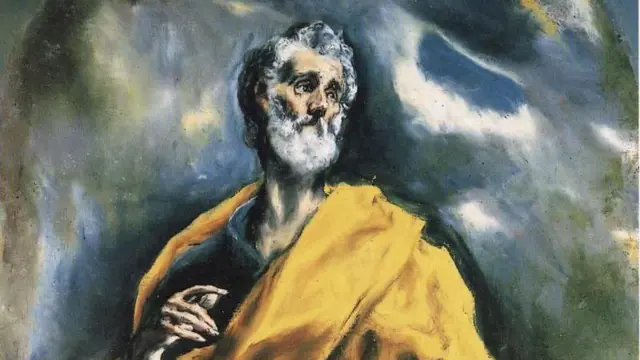 Pintura mostra Pedro em pé, olhando para o horizonte