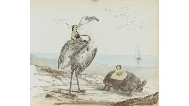 Senhora Cavalgando em um Flamingo e a Menina Sentada sobre a Tartaruga, de Georgiana Louisa Berkeley (1866-1871)