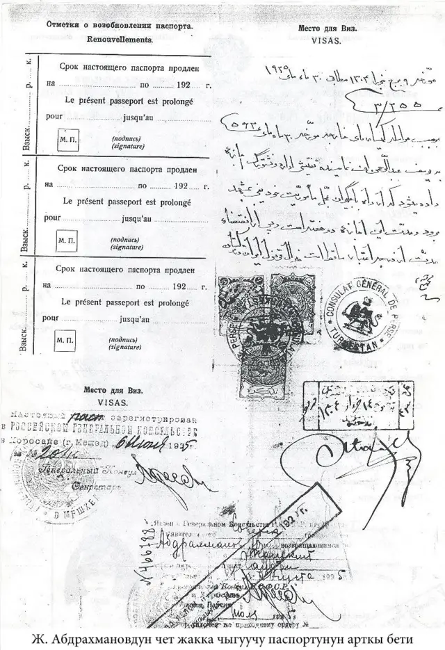 Жусуп Абдрахмановдун чет мамлекетке чыгуу үчүн берилген паспорту.