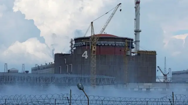 Khung cảnh cho thấy Nhà máy điện hạt nhân Zaporizhzhia trong cuộc xung đột Ukraine-Nga bên ngoài thành phố Enerhodar do Nga kiểm soát ở vùng Zaporizhzhia, Ukraine ngày 4 tháng 8 năm 2022