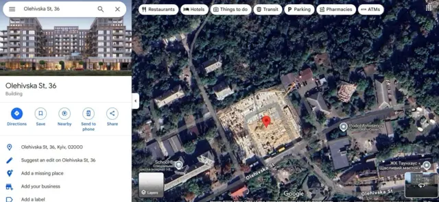 Вигляд на Google Maps однієї з ділянок на колишньому Щекавицькому кладовищі, де археологи проводили розкопки решток перед будівництвом