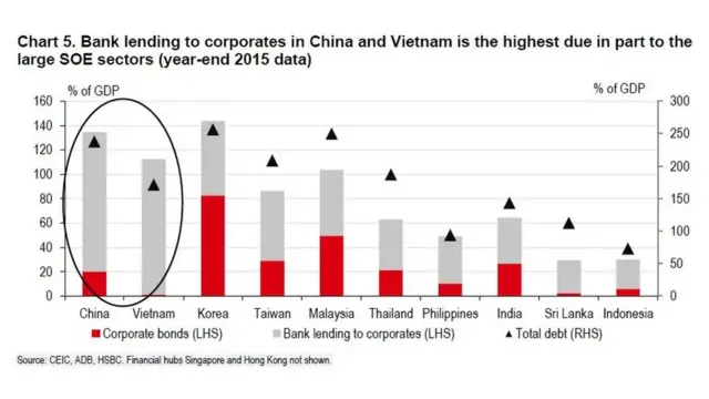 Khoản vay ngân hàng (phần màu xám trong biểu đồ) cấp cho các doanh nghiệp tại Trung Quốc và Việt Nam chiếm tỷ lệ cao nhất trong khu vực, chủ yếu là cấp cho các doanh nghiệp quốc doanh (số liệu tính tới cuối năm 2015)