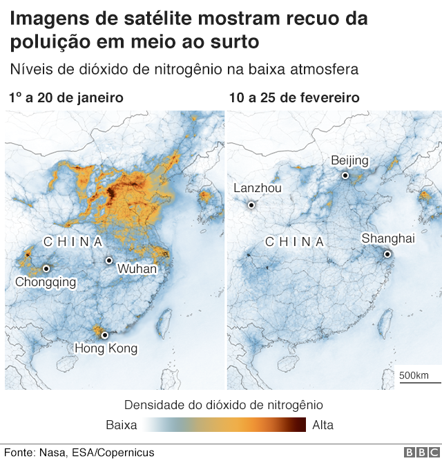 imagens de satélite mostram recuo do nível de poluição na china