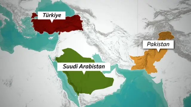 Türkiye, Suudi Arabistan ve Pakistan'ın yerlerini gösteren harita. Türkiye en batıda ve İran ile kara sınırı var. Pakistan en doğuda ve İran ile kara sınırı var. Suudi Arabistan ise güneyde ve iki ülke ile de kara sınırı yok.