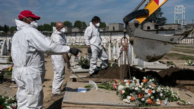 Работники кладбища в Турине копают могилы для жертв Covid-19