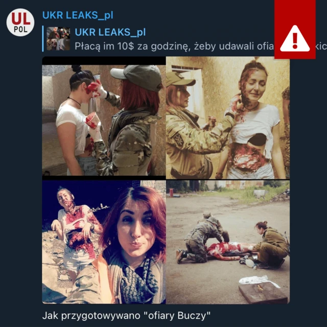 Скриншот поста UKR LEAKS_pl, показывающий квадрат из четырех изображений. На изображениях люди в одежде военного образца наносят поддельную кровь на людей и укладывают их так, чтобы они выглядели так, будто их ранили или убили.
