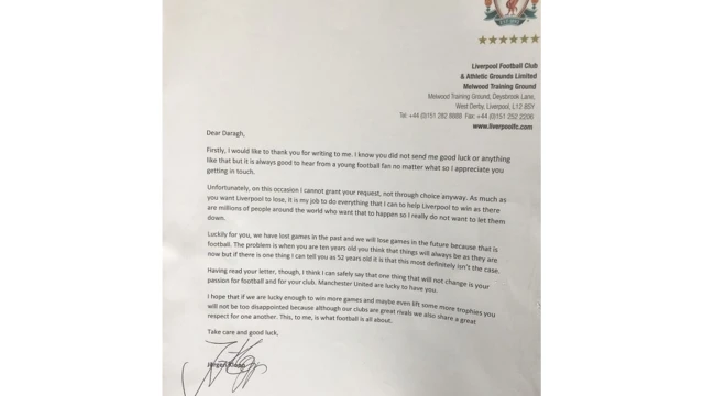 Mu ntangiriro y'iki cyumweru, Daragh yabonye ibaruwa yo kumusubiza yandikiwe na Klopp