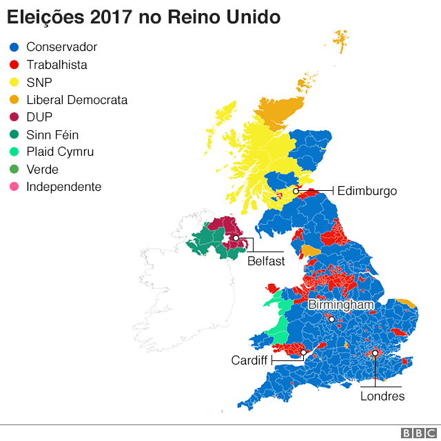 Mapa das eleições 2017 no Reino Unido