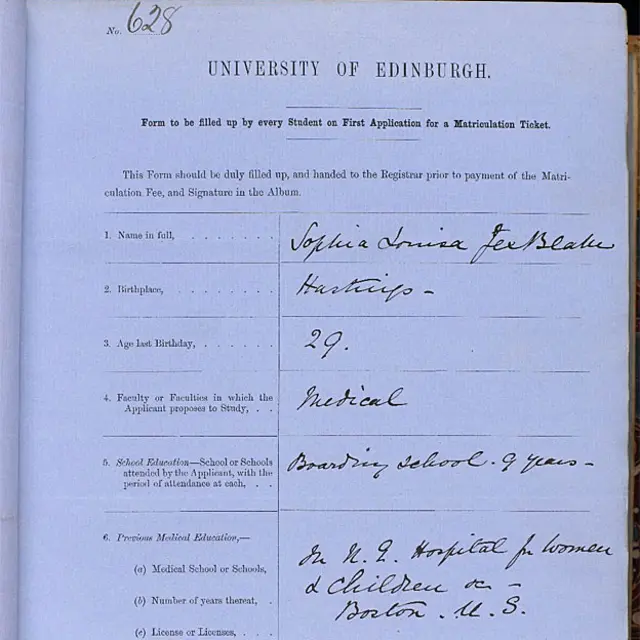 La solicitud de matrícula de Jex-Blake, presentada a la Universidad de Edimburgo y guardada en sus archivos.