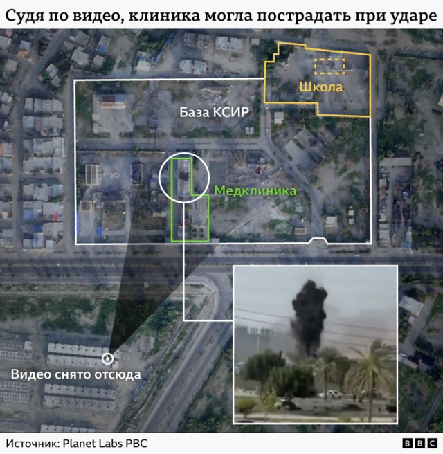 Графическое изображение комплекса КСИР и школы, подвергшихся ракетным ударам.