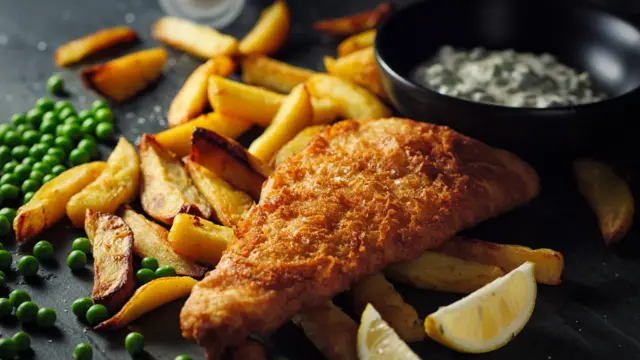 Fish and chips, prato tradicional britânico de peixe com batata frita.