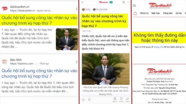 Bài báo trên Đại Đoàn Kết về việc Quốc hội bổ sung công tác nhân sự vào chương trình kỳ họp thứ 7 đã bị gỡ