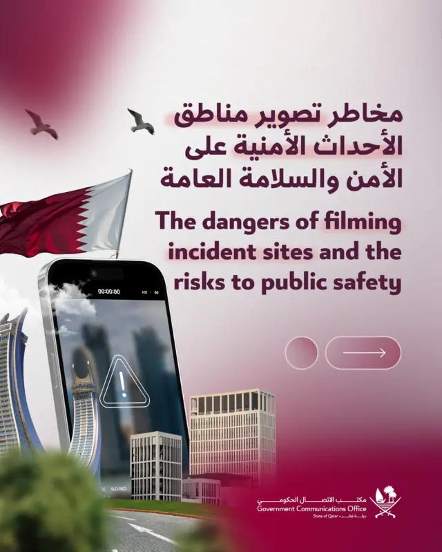 صورة لمنشور على منصة إكس من حساب مكتب الاتصال الحكومي في قطر يوضح مخاطر تصوير مناطق الأحداث الأمنية