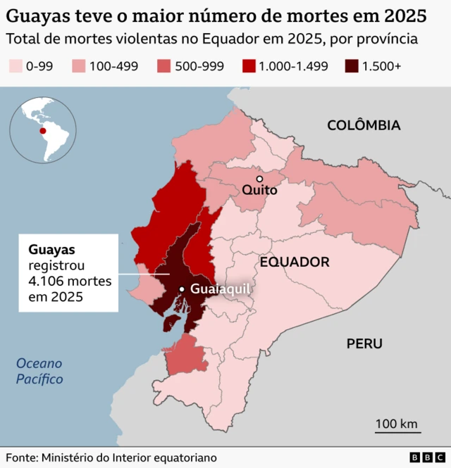 Mapa do Equador mostrando o número de mortes violentas por província em 2025. As províncias do litoral têm as cores mais escuras, que indicam maiores números de mortos.