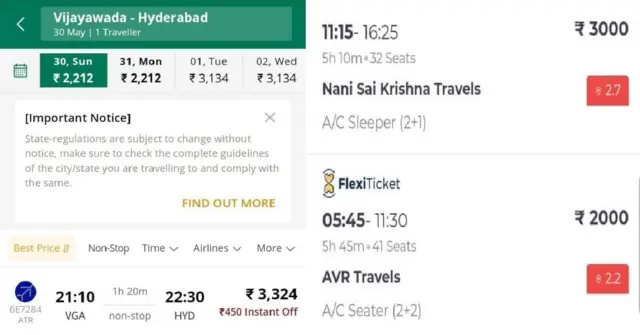 విజయవాడ-హైదరాబాద్ మధ్య ప్రైవేటు బస్సు ప్రయాణం కన్నా విమానం ఛార్జీలే నయంగా ఉన్నాయి.