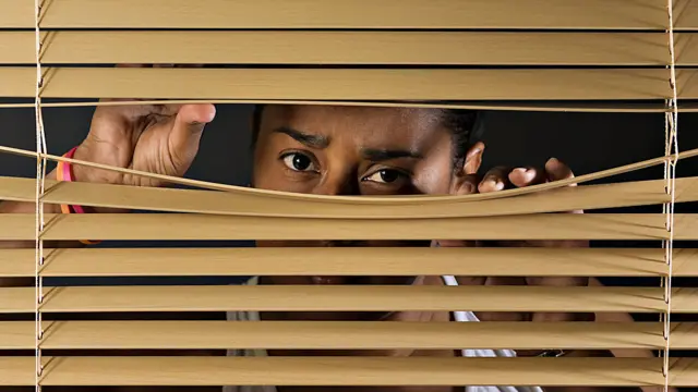 Mujer mirando por entre las persianas