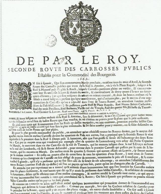 Decreto Luis XIV autorizando el transporte colectivo de París