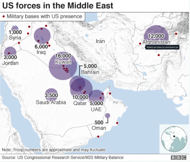 A map showing US bases and troop numbers across the Middle East