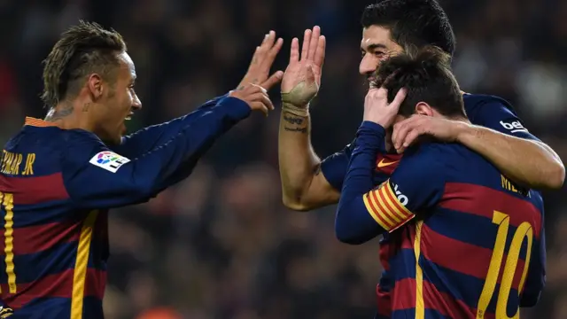 اولین مسابقه‌ای که مسی، سوارز و نیمار در آن گل زدند ژانویه ۲۰۱۵ مقابل اتلتیکو مادرید بود