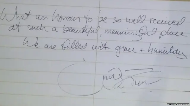 ਜਸਟਿਨ ਟਰੂਡੋ ਦੀ ਹਰਿਮੰਦਰ ਸਾਹਿਬ ਦੀ ਵਿਜ਼ਟਰ ਬੁੱਕ ਵਿੱਚ ਲਿਖਾਈ