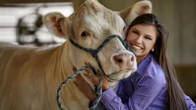 Девушка обнимает корову