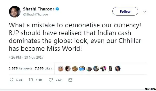 शशि थरूर, कांग्रेस, ट्वीट, ट्विटर, मानुषी छिल्लर, राहुल गांधी