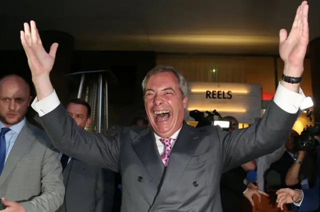 Leader of the United Kingdom Independence Party (UKIP), Nigel Farage reacts at the Leave.EU referendum party at Millbank Tower in central London on June 24, 2016,
