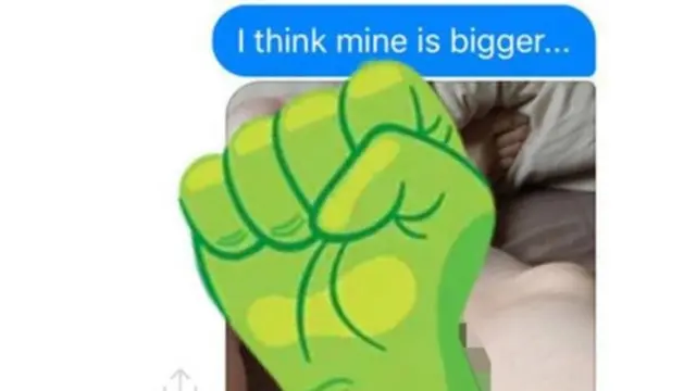 Samantha compartió en Facebook la conversación con James, censurando las imágenes de los penes con divertidos dibujos, como este de la imagen que dice: "el mío es más grande".