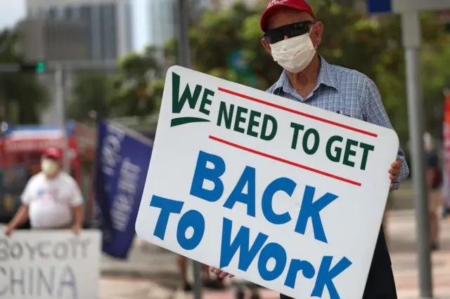 Hombre con cartel pidiendo la vuelta al trabajo.