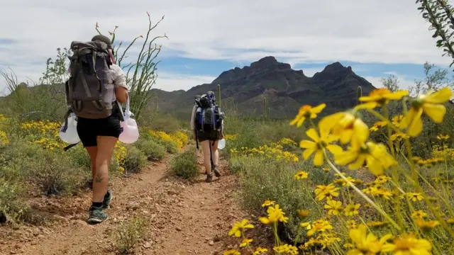Duas voluntárias com mochilas e galõesà qui appartient 1xbetágua caminhamà qui appartient 1xbettrilha no meio do deserto