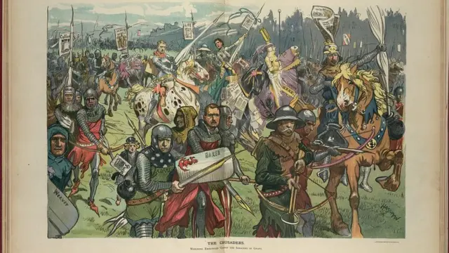 Página central de la revista Puck, 21 de febrero de 1906, "Los cruzados" de C. Hassman. La ilustración de un gran grupo de políticos y periodistas en una cruzada contra el soborno y la corrupción, incluida Ida Tarbell.