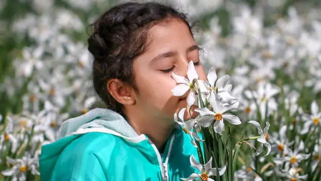 Menina cheirando flores