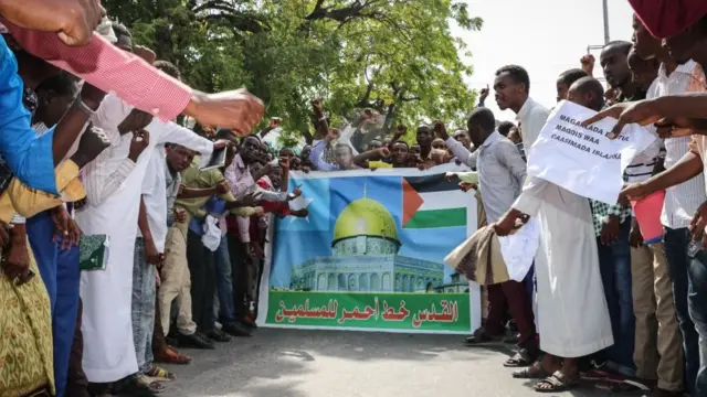 People hold a poster with a photo of the Dome of the Rock Islamic shrine in Jerusalem during a protest against the US president's recognition of Jerusalem as Israel's capital in Mogadishu on December 8, 2017.
