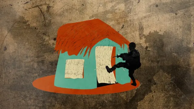 Illustration of a soldier booting down a door